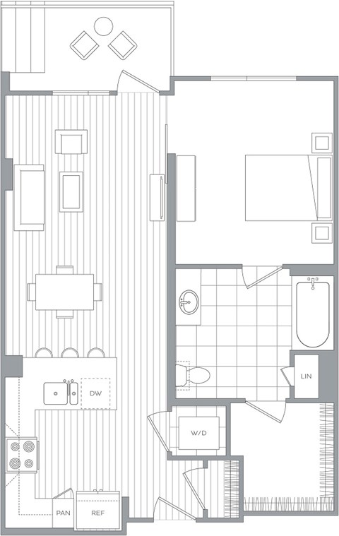 Floor plan for 1 bed, 1 bath, 751 sqft