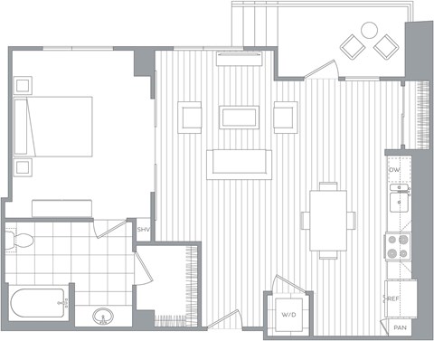 Floor plan for 1 bed, 1 bath, 883 sqft