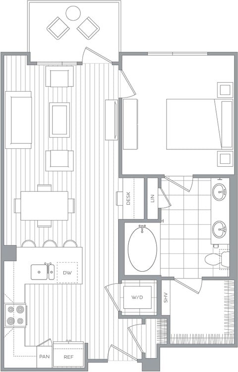 Floor plan for 1 bed, 1 bath, 757 sqft
