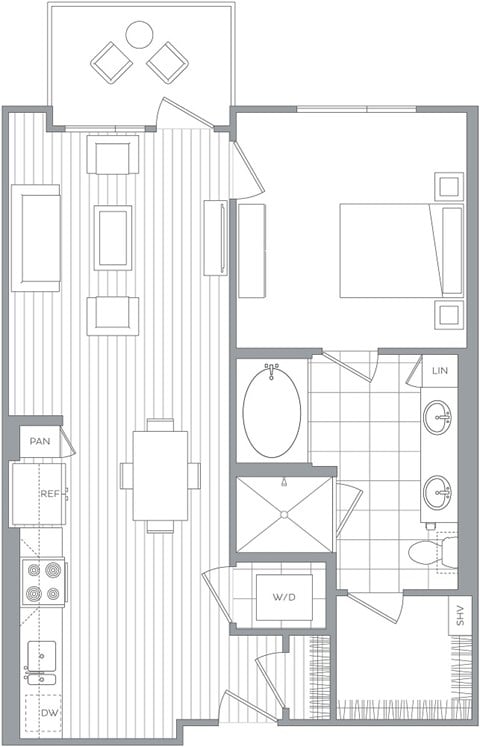 Floor plan for 1 bed, 1 bath, 750 sqft