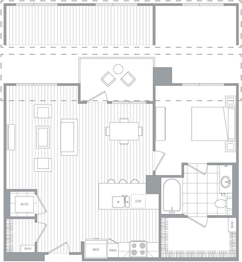 Floor plan for 1 bed, 1 bath, 841 sqft