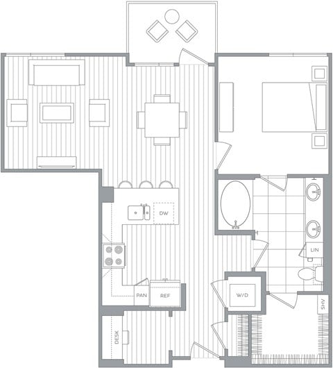 Floor plan for 1 bed, 1 bath, 874 sqft