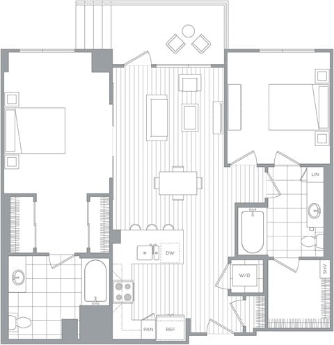 Floor plan for 2 beds, 2 baths, 1130 sqft