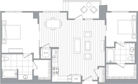 Floor plan for 2 beds, 2 baths, 1161 sqft