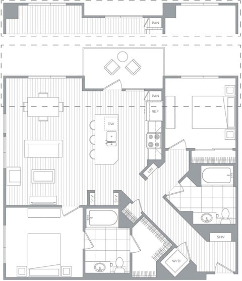 Floor plan for 2 beds, 2 baths, 1166 sqft