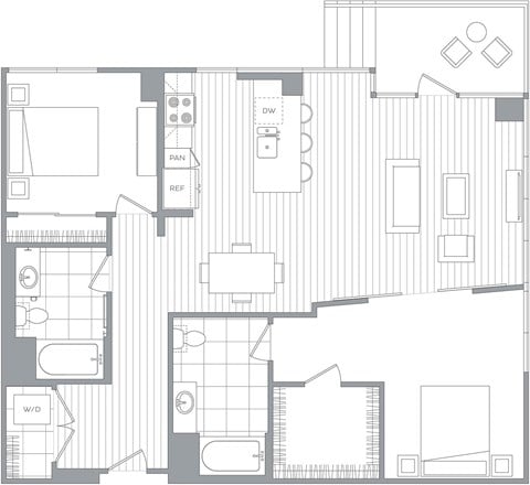 Floor plan for 2 beds, 2 baths, 1281 sqft
