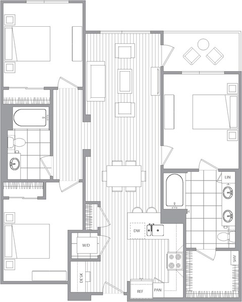 Floor plan for 3 beds, 2 baths, 1243 sqft