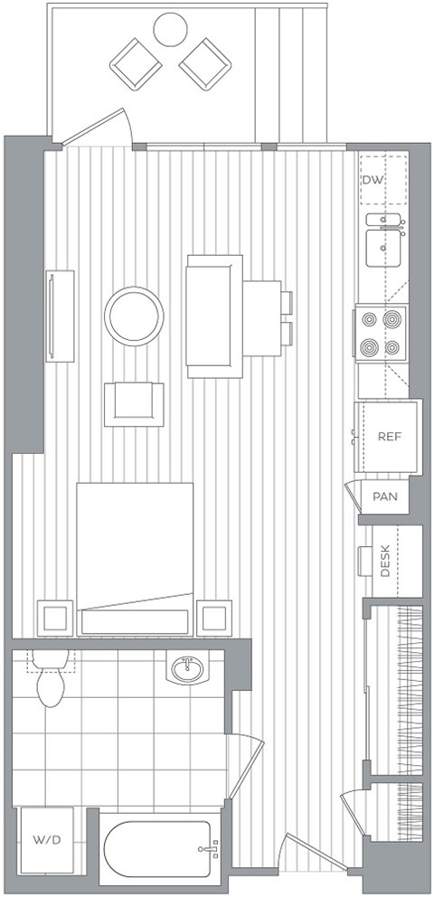 Floor plan for studio, 1 bath, 565 sqft