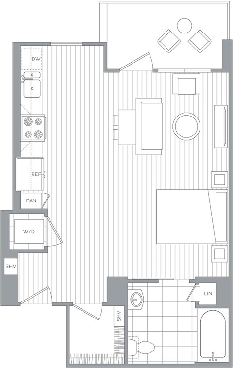 Floor plan for studio, 1 bath, 609 sqft