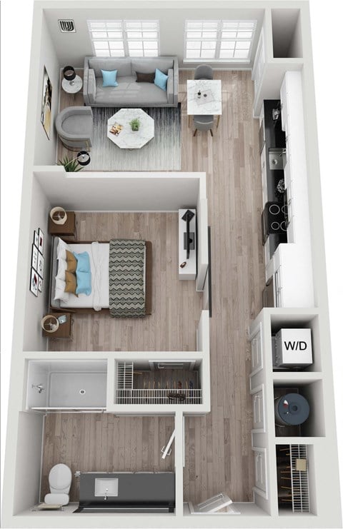 Floor plan for 1 bed, 1 bath, 647 sqft
