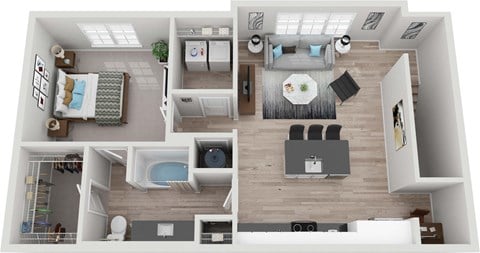 Floor plan for 1 bed, 1 bath, 896 sqft