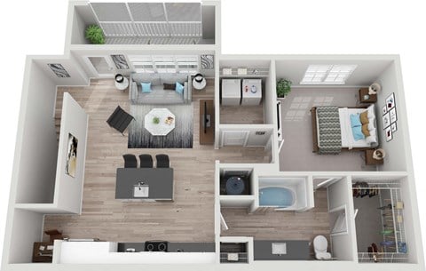 Floor plan for 1 bed, 1 bath, 896 sqft