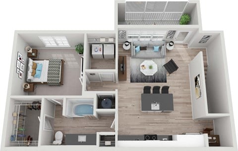 Floor plan for 1 bed, 1 bath, 896 sqft