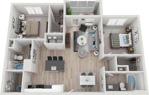 Floor plan for 2 beds, 2 baths, 1102 sqft