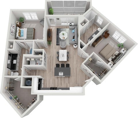 Floor plan for 2 beds, 2 baths, 1264 sqft