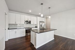 Tampa apartment for rent - A modern kitchen with white cabinets and a black countertop.