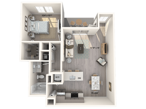 Floor plan for 1 bed, 1 bath, 807 sqft