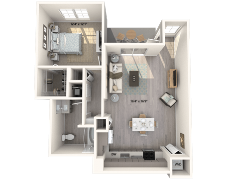 Floor plan for 1 bed, 1 bath, 807 sqft