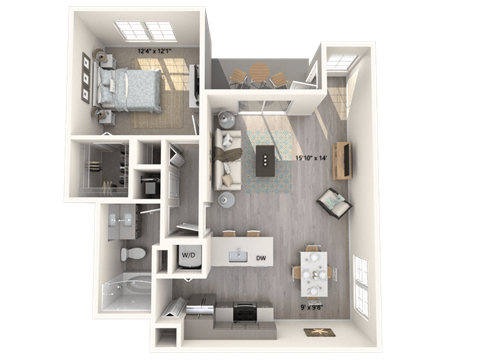 Floor plan for 1 bed, 1 bath, 813 sqft