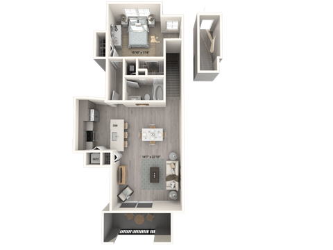 Floor plan for 1 bed, 1 bath, 852 sqft