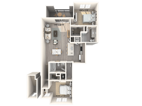 Floor plan for 2 beds, 2 baths, 1119 sqft