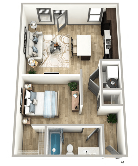 Floor plan for 1 bed, 1 bath, 600 sqft