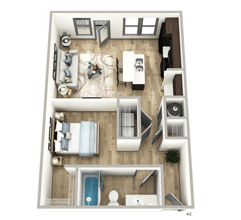 Floor plan for 1 bed, 1 bath, 659 sqft