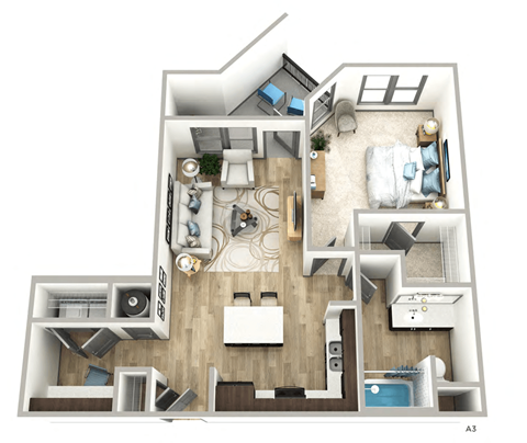 Floor plan for 1 bed, 1 bath, 751 sqft