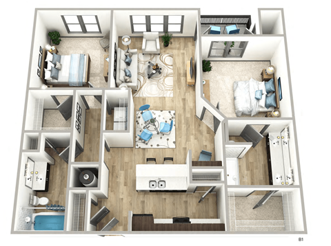 Floor plan for 2 beds, 2 baths, 1040 sqft