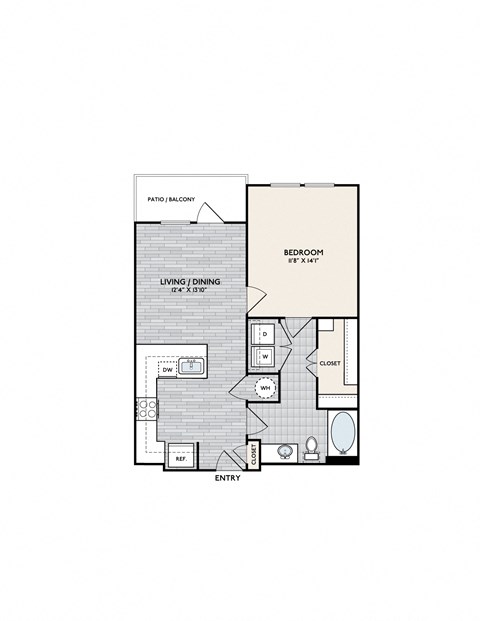 Floor plan for 1 bed, 1 bath, 680 sqft