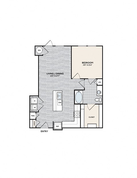 Floor plan for 1 bed, 1 bath, 827 sqft