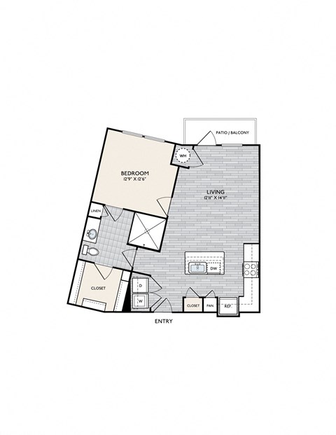 Floor plan for 1 bed, 1 bath, 830 sqft