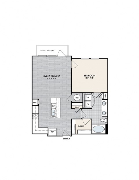 Floor plan for 1 bed, 1 bath, 863 sqft