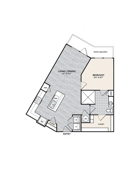 Floor plan for 1 bed, 1 bath, 864 sqft