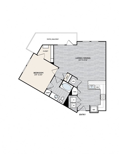 Floor plan for 1 bed, 1 bath, 865 sqft