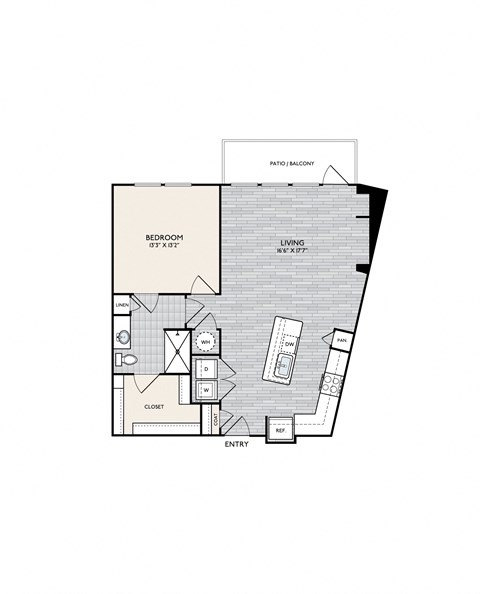 Floor plan for 1 bed, 1 bath, 916 sqft