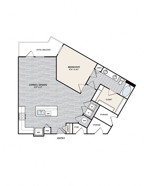 Floor plan for 1 bed, 1 bath, 917 sqft
