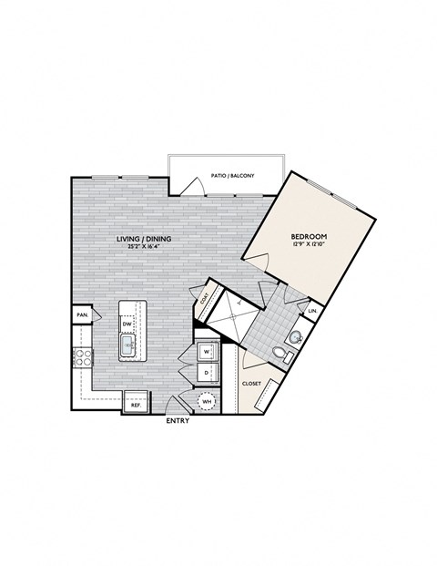 Floor plan for 1 bed, 1 bath, 950 sqft