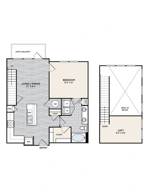 Floor plan for 1 bed, 1 bath, 1045 sqft