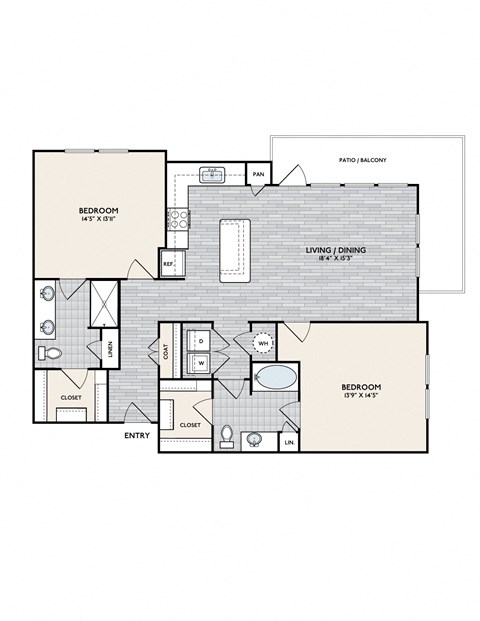Floor plan for 2 beds, 2 baths, 1288 sqft