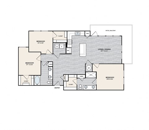 Floor plan for 3 beds, 2 baths, 1457 sqft