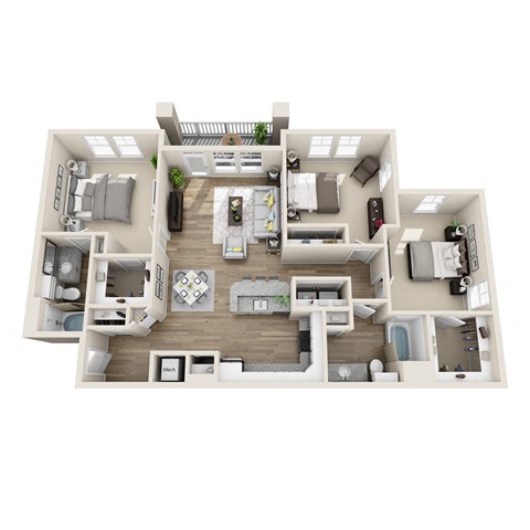 Floor plan for 3 beds, 2 baths, 1267 sqft
