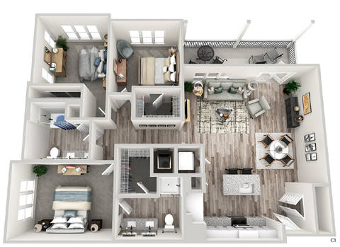 Floor plan for 3 beds, 2 baths, 1141 sqft