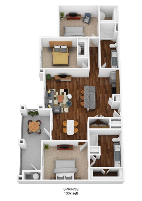 Floor plan for 3 beds, 2 baths, 1367 sqft