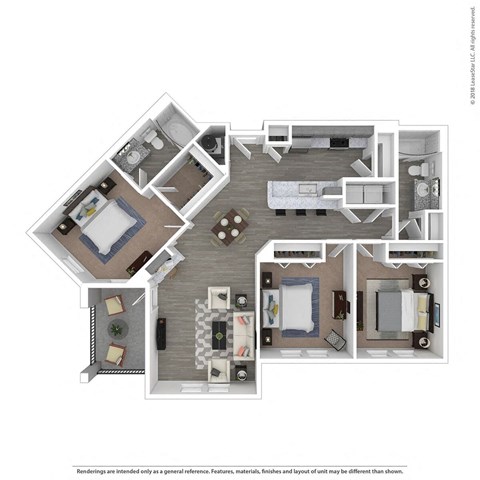 Floor plan for 3 beds, 2 baths, 1309 sqft