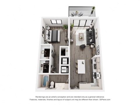 Floor plan for 1 bed, 1 bath, 716 sqft