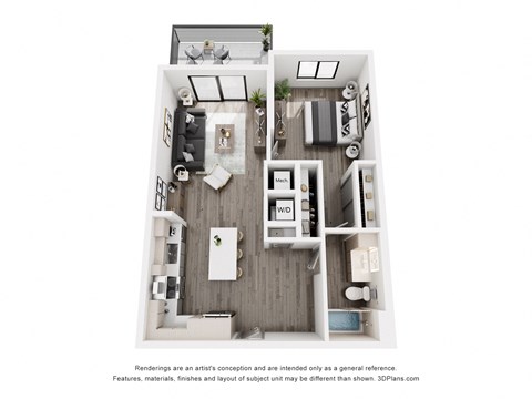 Floor plan for 1 bed, 1 bath, 738 sqft