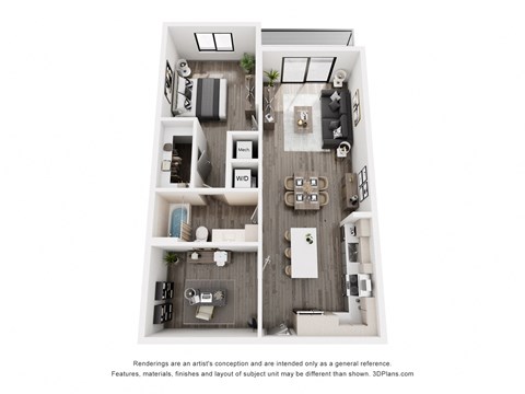 Floor plan for 1 bed, 1 bath, 845 sqft