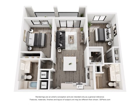 Floor plan for 2 beds, 2 baths, 967 sqft