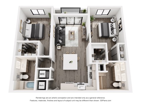 Floor plan for 2 beds, 2 baths, 976 sqft